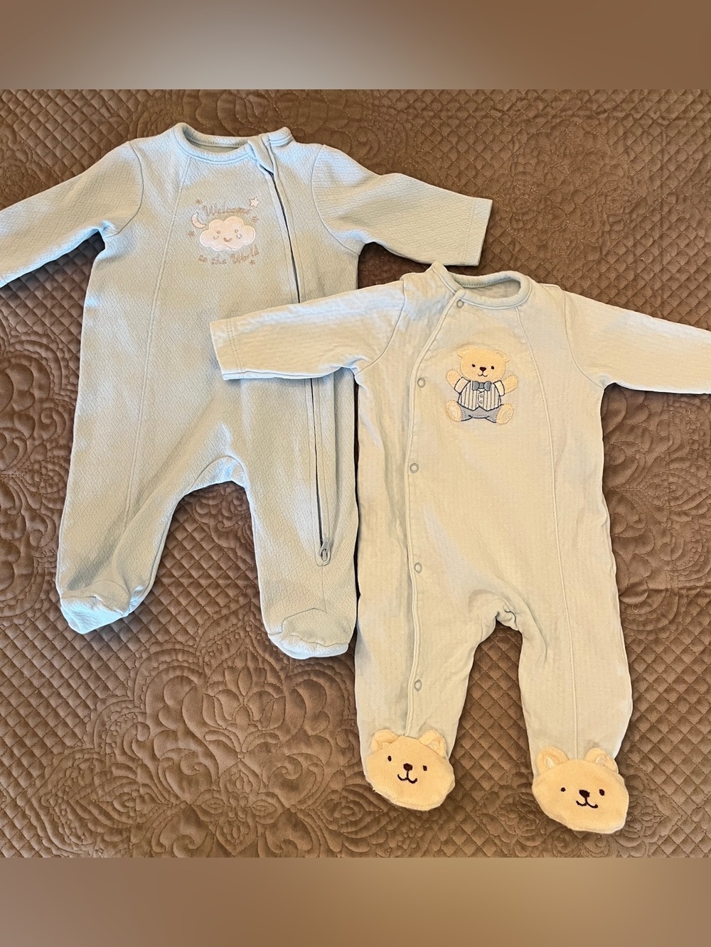 Little Me Light Blue Baby Footed One-Piece Set with Bear and Cloud Appliques